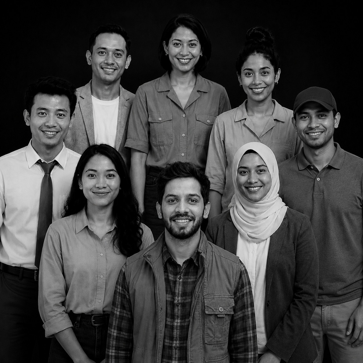 Altaswiq Agencia team group photo, eight smiling professionals in black and white