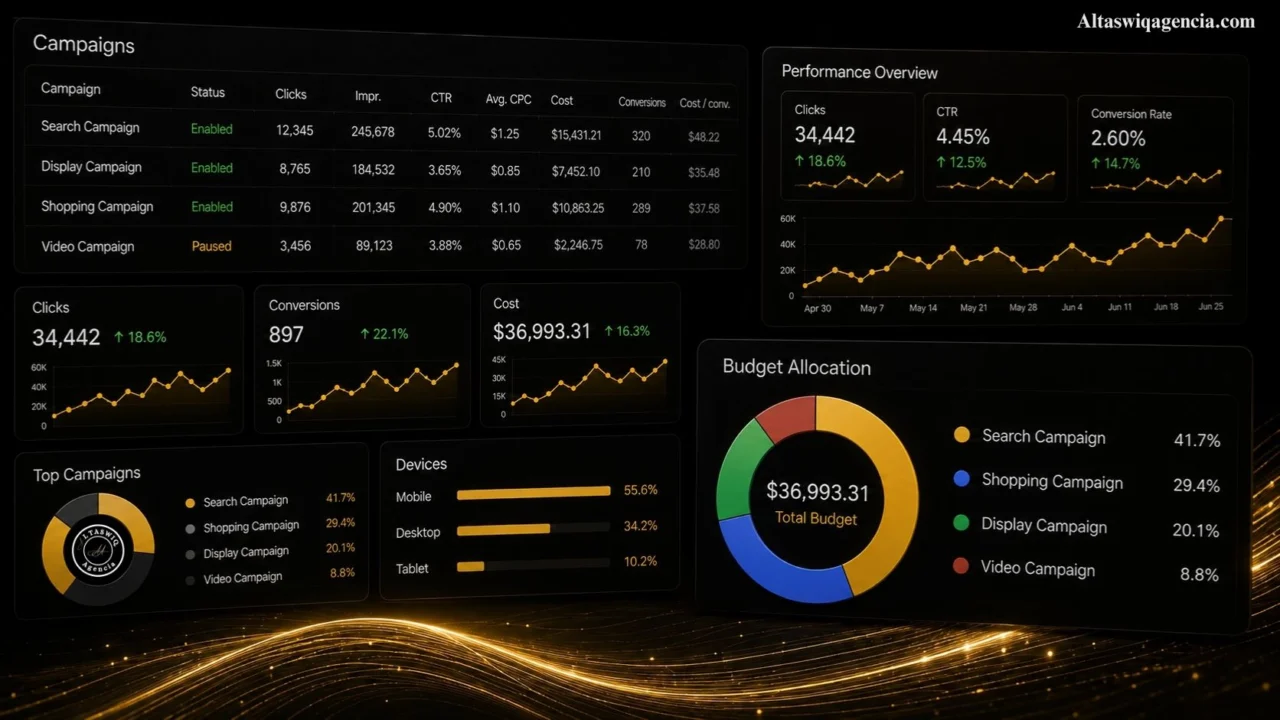 Google Ads dashboard showing campaign performance, budget allocation, and conversion data