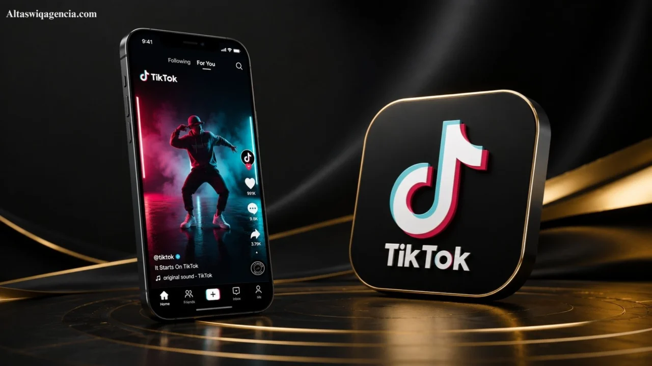 Smartphone displaying the TikTok app beside a 3D TikTok logo icon